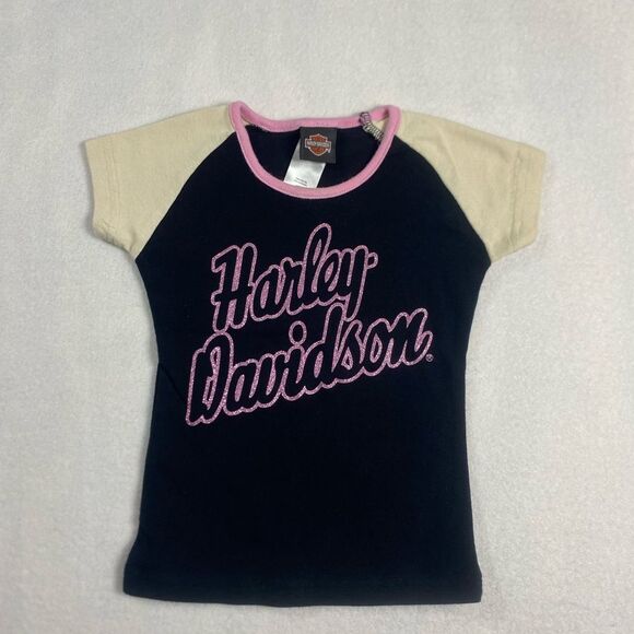 Harley-Davidson Little Girls' Short Sleeve Tee - Black Pink Glitter Logo Size 2T - Picture 1 of 6